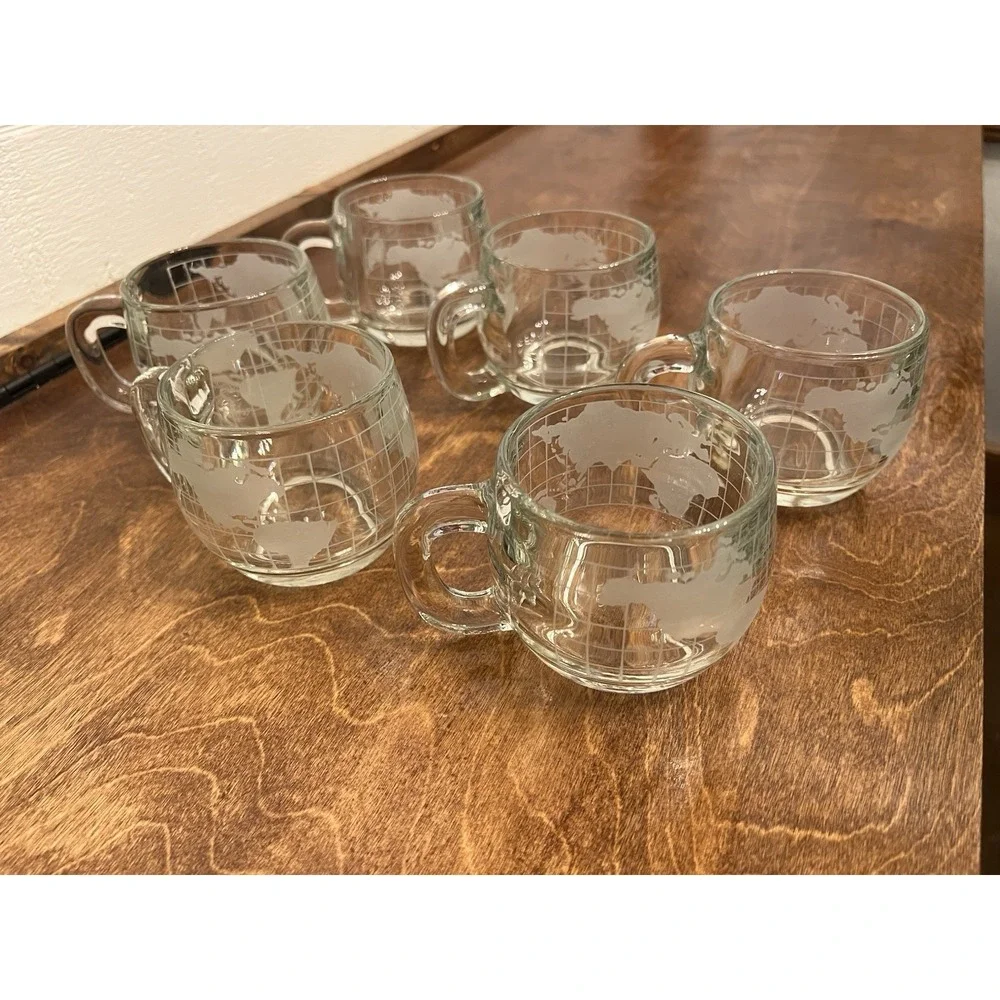 Set of 6 vintage 1970s Nestlé Nescafé glass world globe mugs